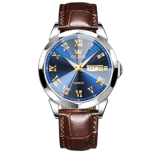 OLEVS 腕時計 メンズ クオーツ 人気 防水うで時計 ビジネス ブラウン革ベルト 男性用うで時計 日付曜日アナログ腕時計メンズ オシャレ ファッション ウォッチ ブルー文字盤 見やすい大きい腕時 計レザー、Watch for Men